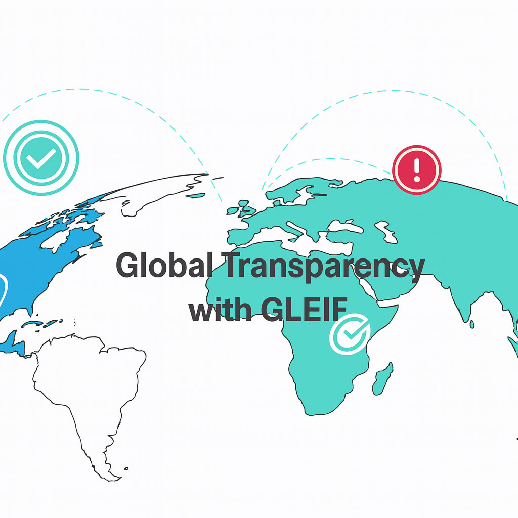 Ilustracija zemljevida sveta, ki prikazuje globalne povezave in besedilo ‘Globalna preglednost z GLEIF’, ki simbolizira finančno preglednost in zanesljivo identifikacijo entitet