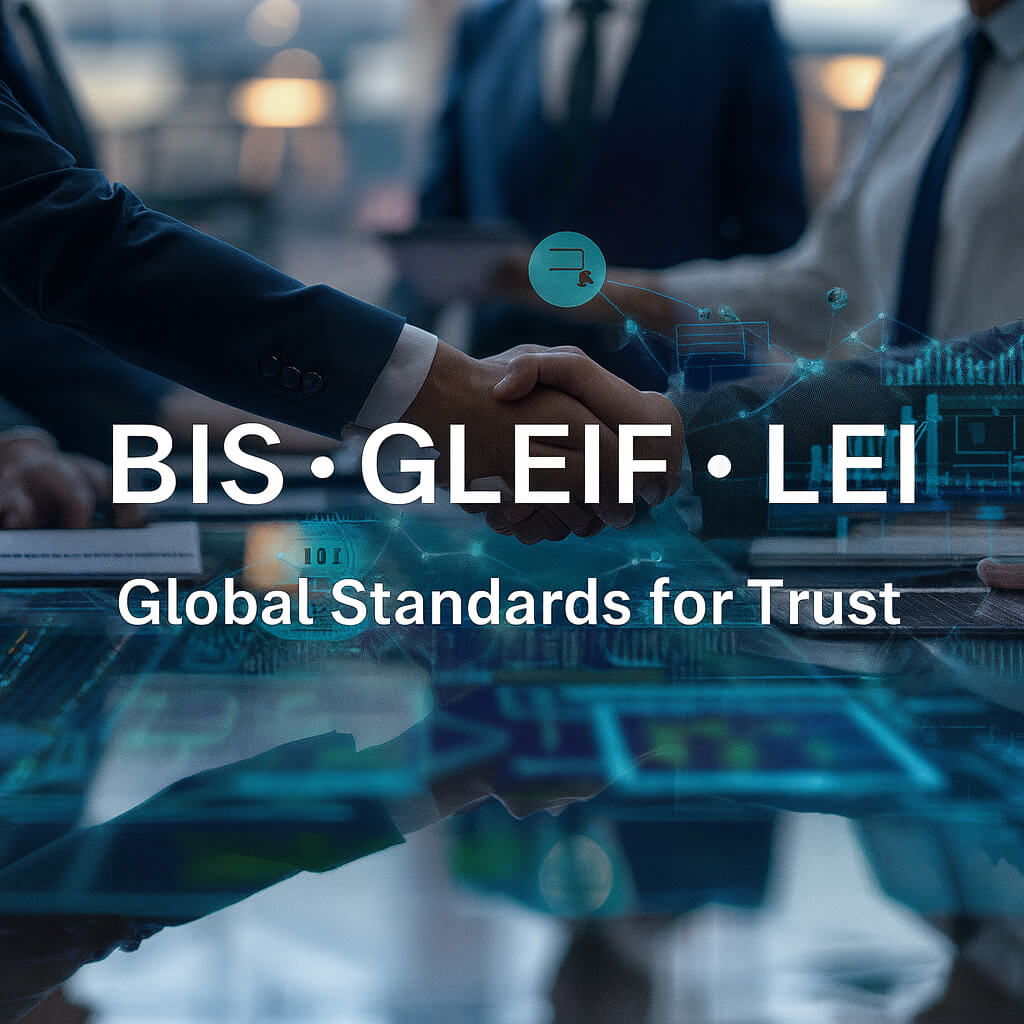 Stisk roke z digitalno mrežo in besedilo BIS • GLEIF • LEI – Globalni standardi za zaupanje
