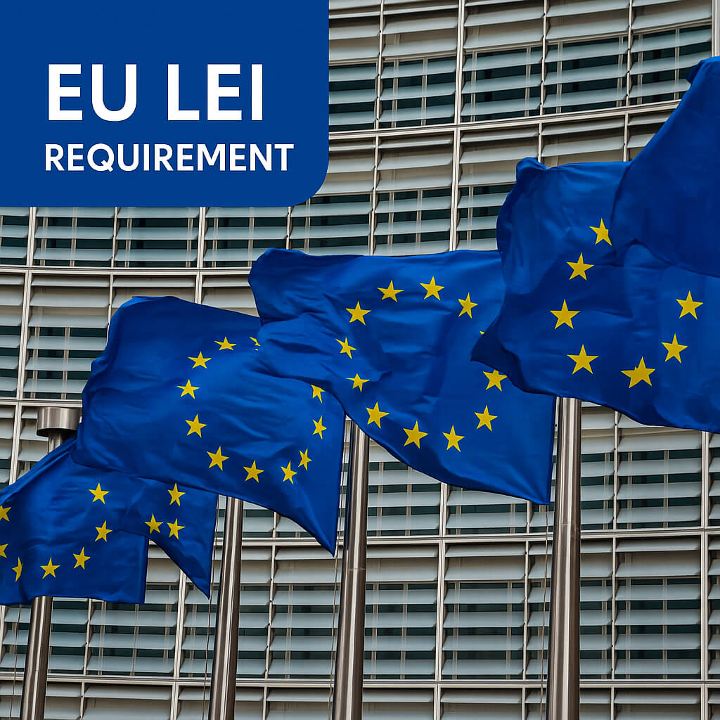 Zahteva EU LEI – Zastave Evropske unije pred stavbo Komisije, ki simbolizirajo obveznosti identifikatorja pravne osebe v EU