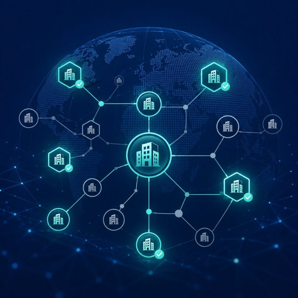 Globalna mreža preverjenih in nepreverjenih pravnih oseb, ki ponazarja postopek KYB z uporabo kod LEI